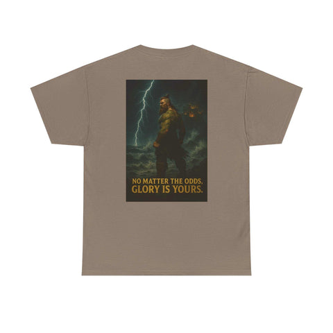 Unisex Inspirational Quote Tee with motivational artwork and text "No matter the odds, glory is yours" in brown heavy cotton fabric