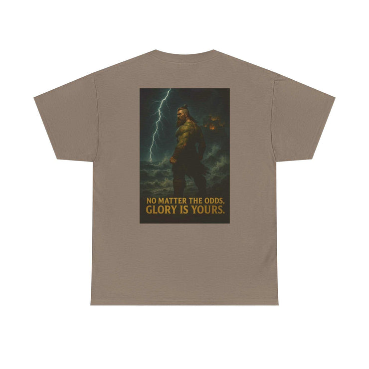 Unisex Inspirational Quote Tee with motivational artwork and text "No matter the odds, glory is yours" in brown heavy cotton fabric