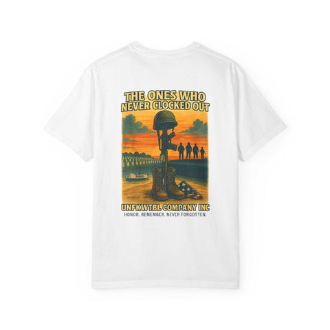 White unisex tribute t-shirt with vintage memorial graphic and "The Ones Who Never Clocked Out" text