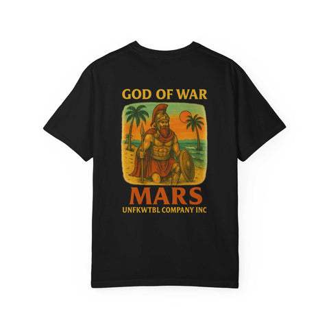 Black Warrior Mars T-shirt with graphic of Mars god of war and palm trees, casual unisex cotton tee