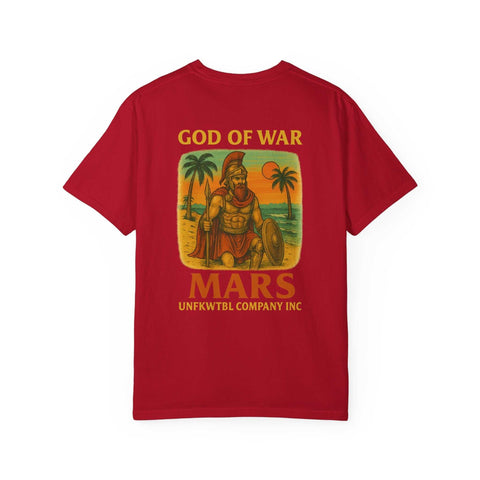Red unisex garment-dyed Warrior Mars T-shirt with mythological god of war graphic and text design