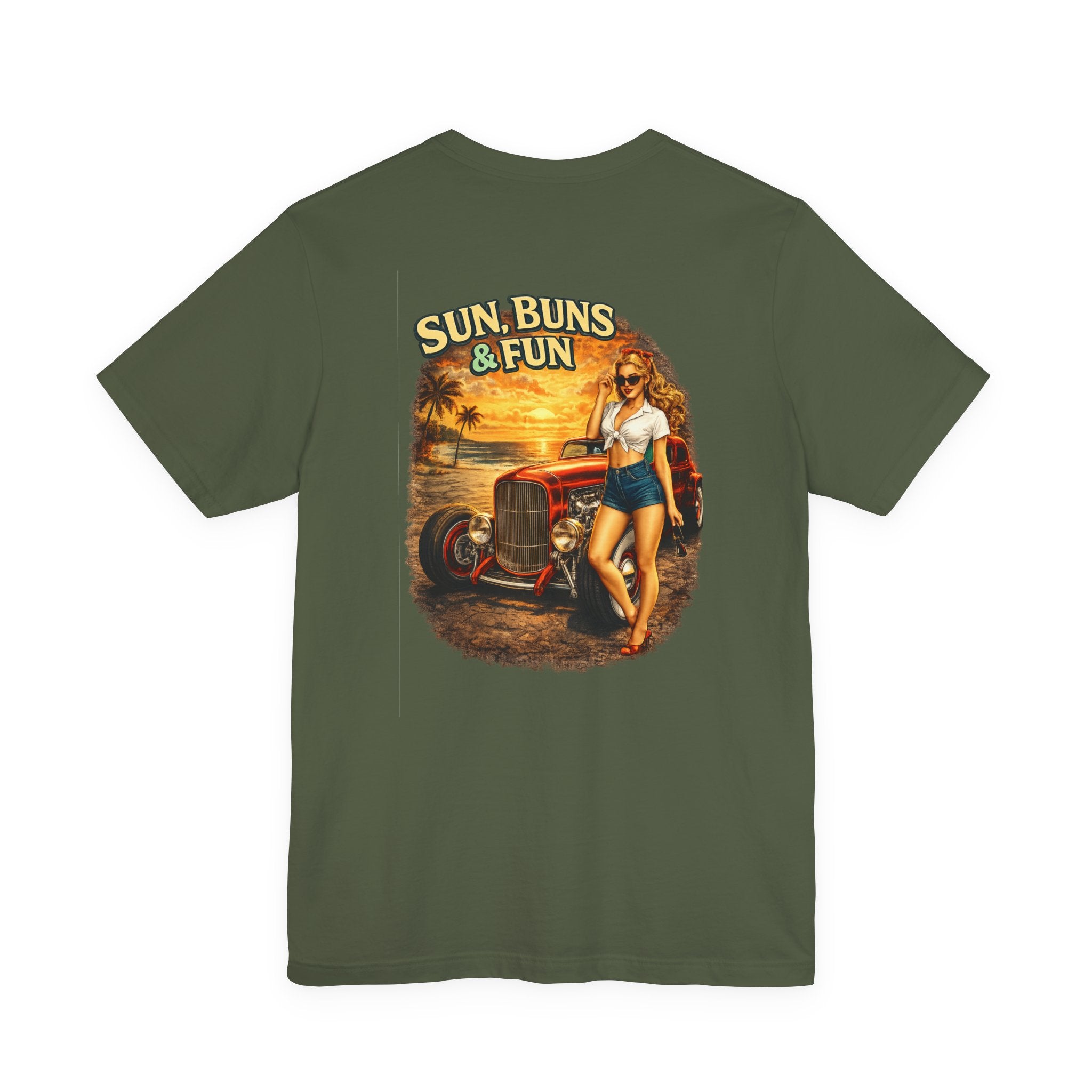 Sun, Buns & Fun Tee — Retro Pin-Up Hot Rod Beach T-Shirt