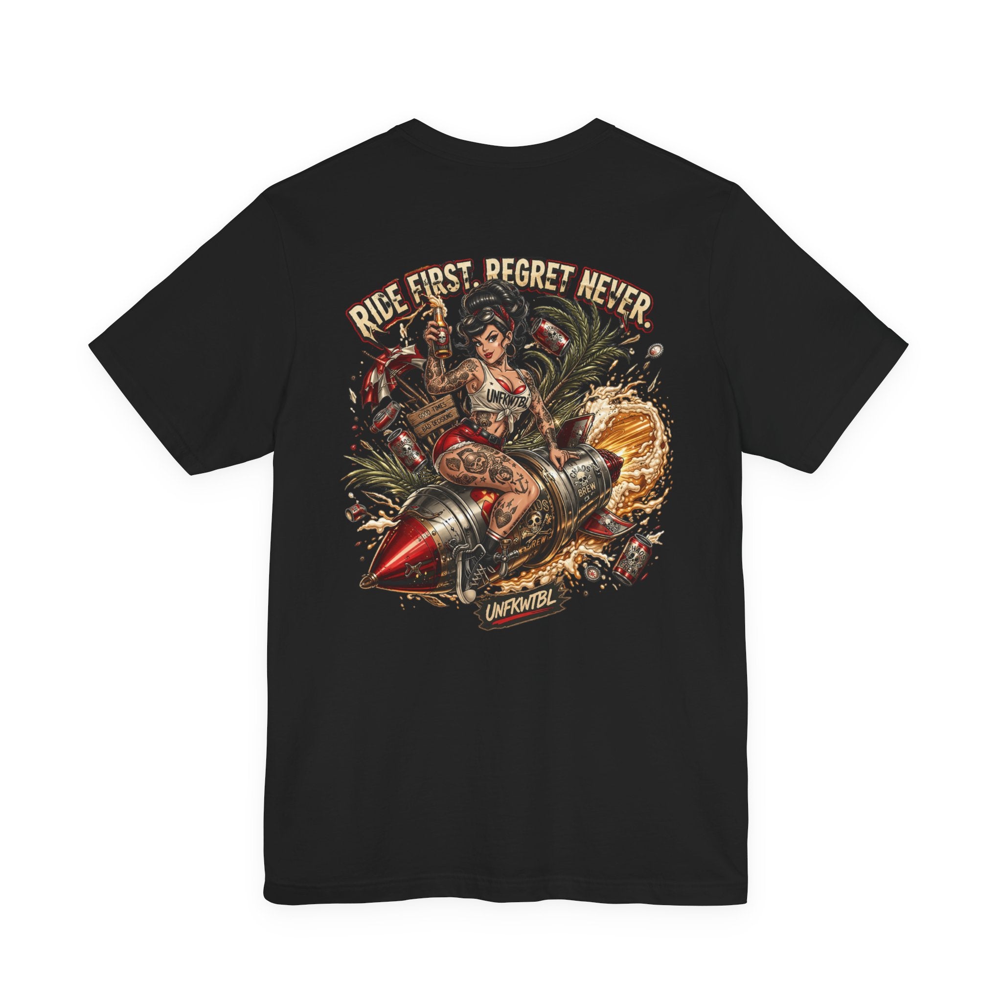 Ride First Regret Never Tee — Vintage Pinup Bomb Girl Motorcycle Graphic Shirt