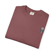 Folded maroon unisex tee with skull graphic on front featuring killer cocktails design