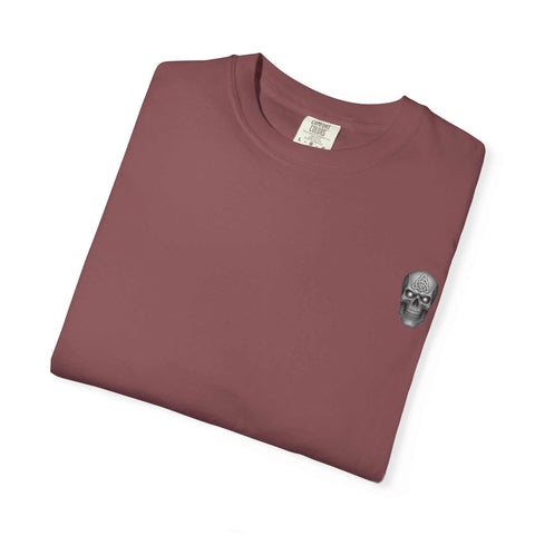 Folded maroon unisex tee with skull graphic on front featuring killer cocktails design