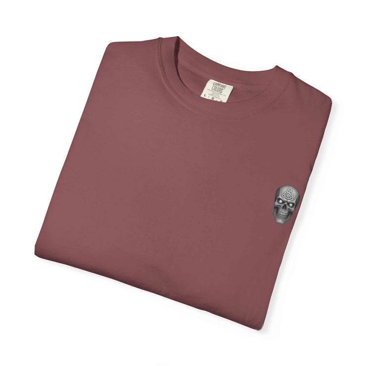 Folded maroon unisex tee with skull graphic on front featuring killer cocktails design