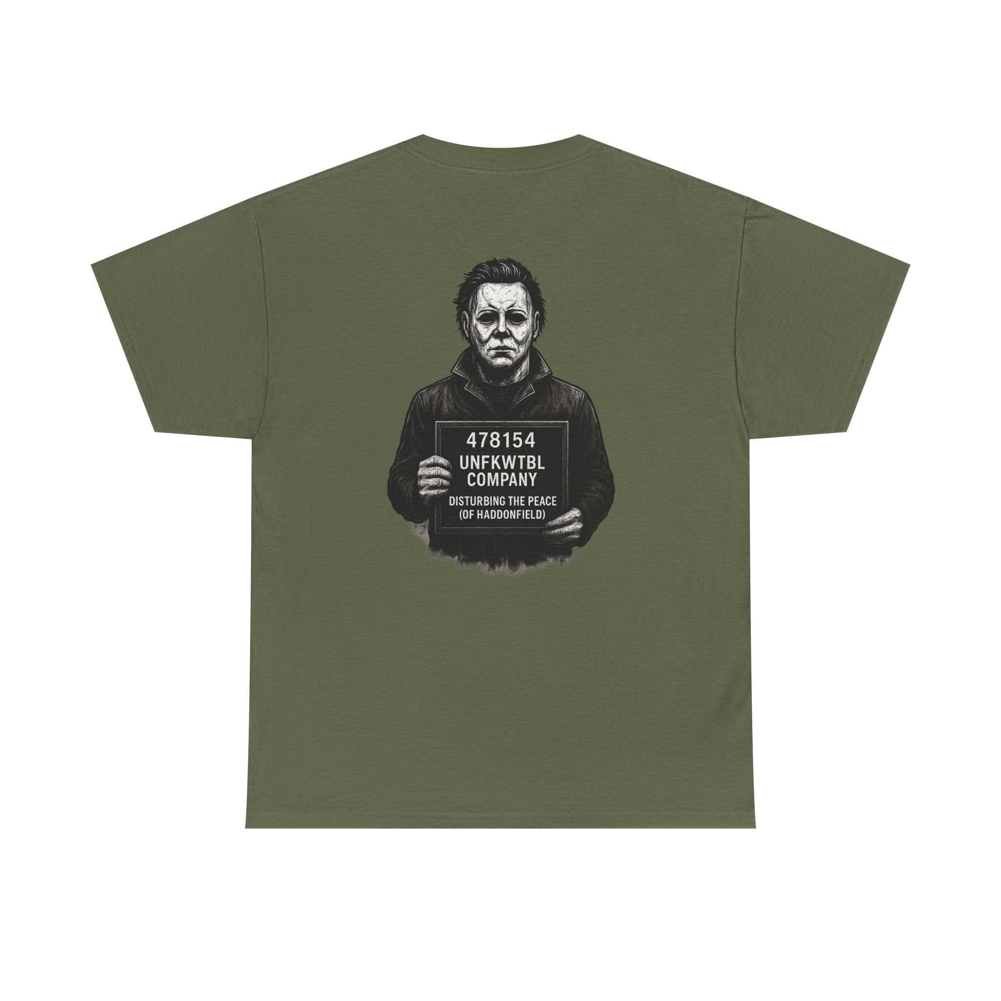 Michael Myers unisex tee with criminal photo print on black cotton fabric