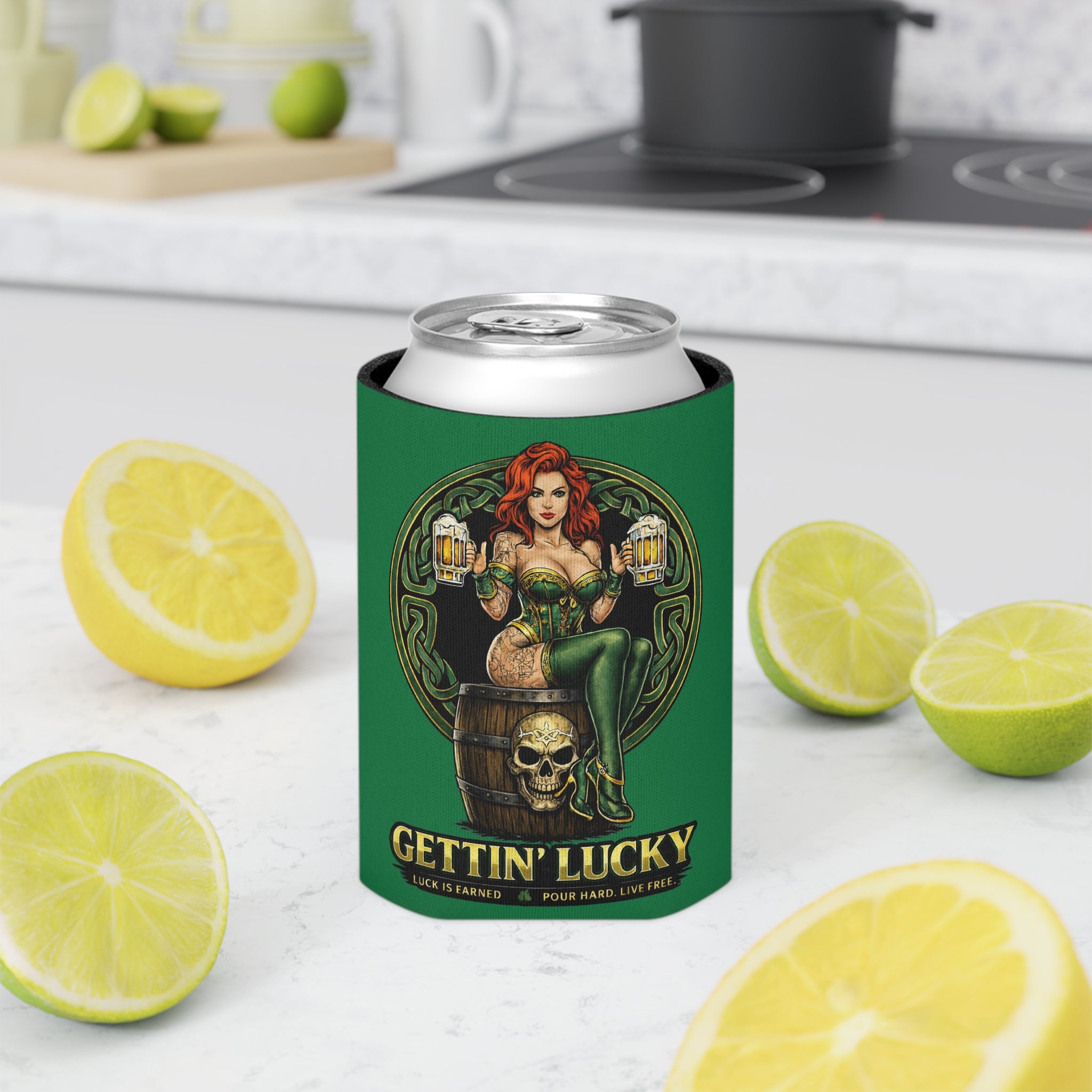 Gettin' Lucky / Stay Cold Can Cooler — St. Patrick's Day Pinup Beer Koozie