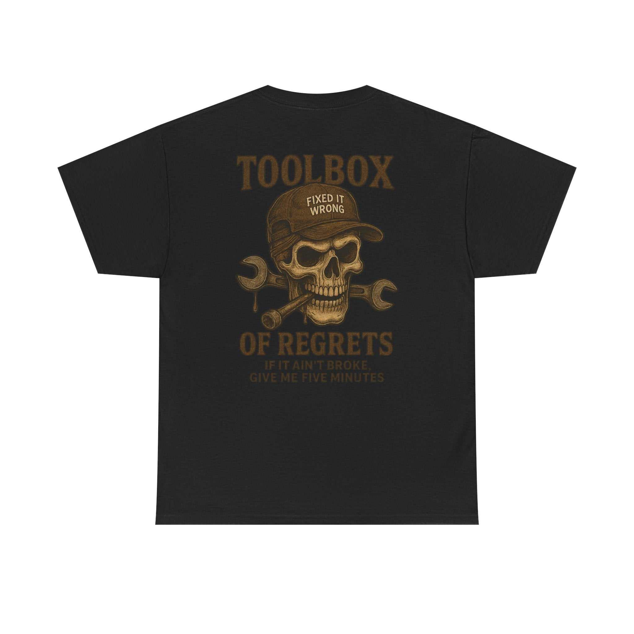Toolbox of Regrets mechanic skull t-shirt with vintage wrenches graphic on durable cotton tee