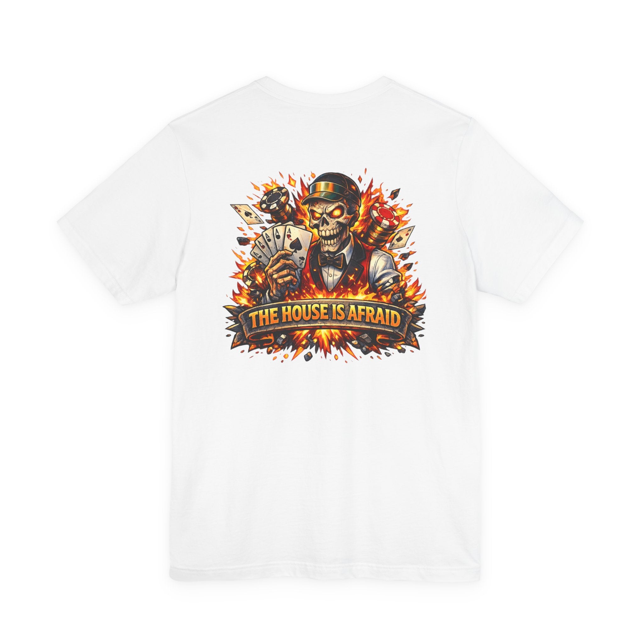 Poker Skull Tee — "The House Is Afraid" Graphic Playing Cards Shirt