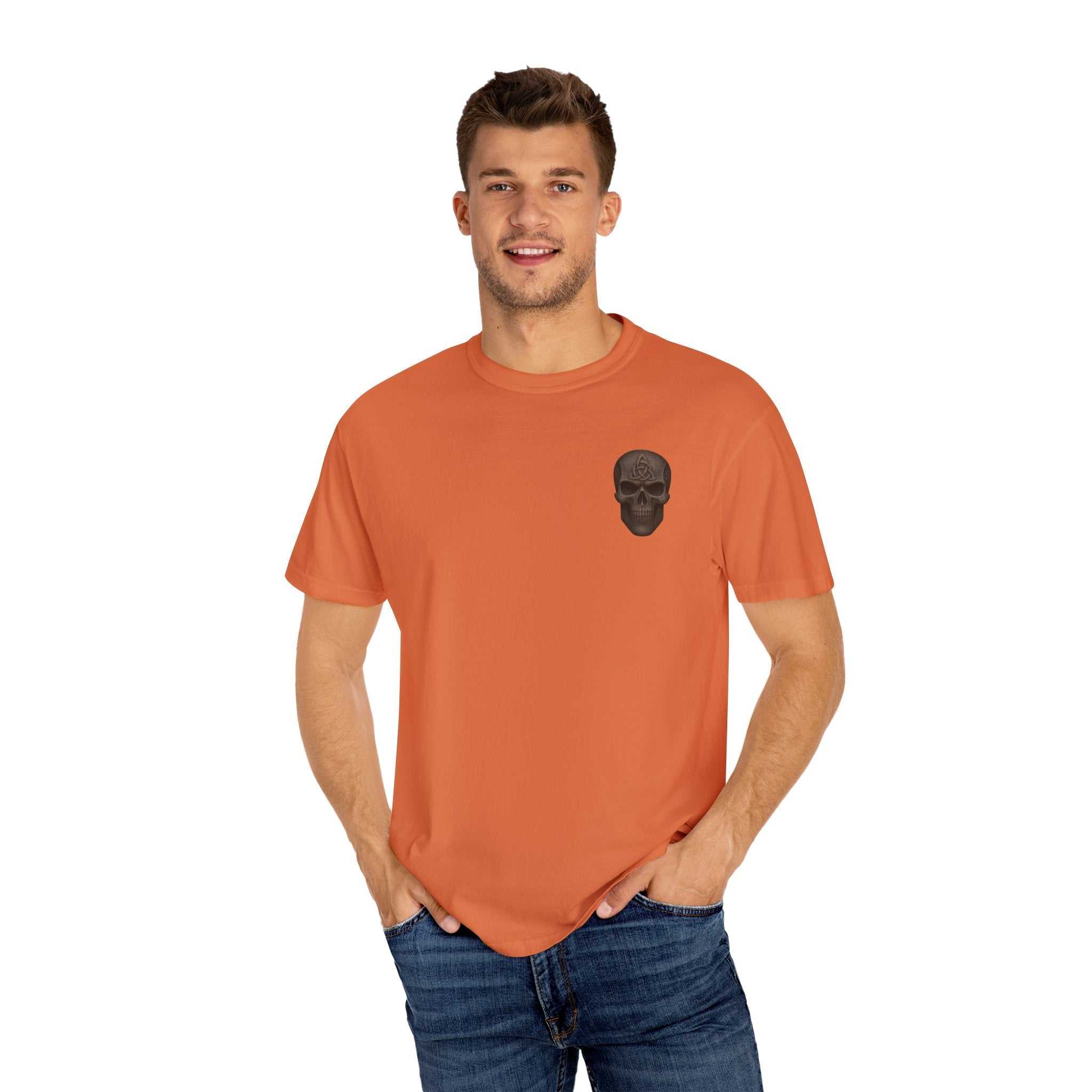 Unisex orange Spooky Pumpkin Punch T-Shirt with small black skull graphic, casual Halloween tee, fall festival attire