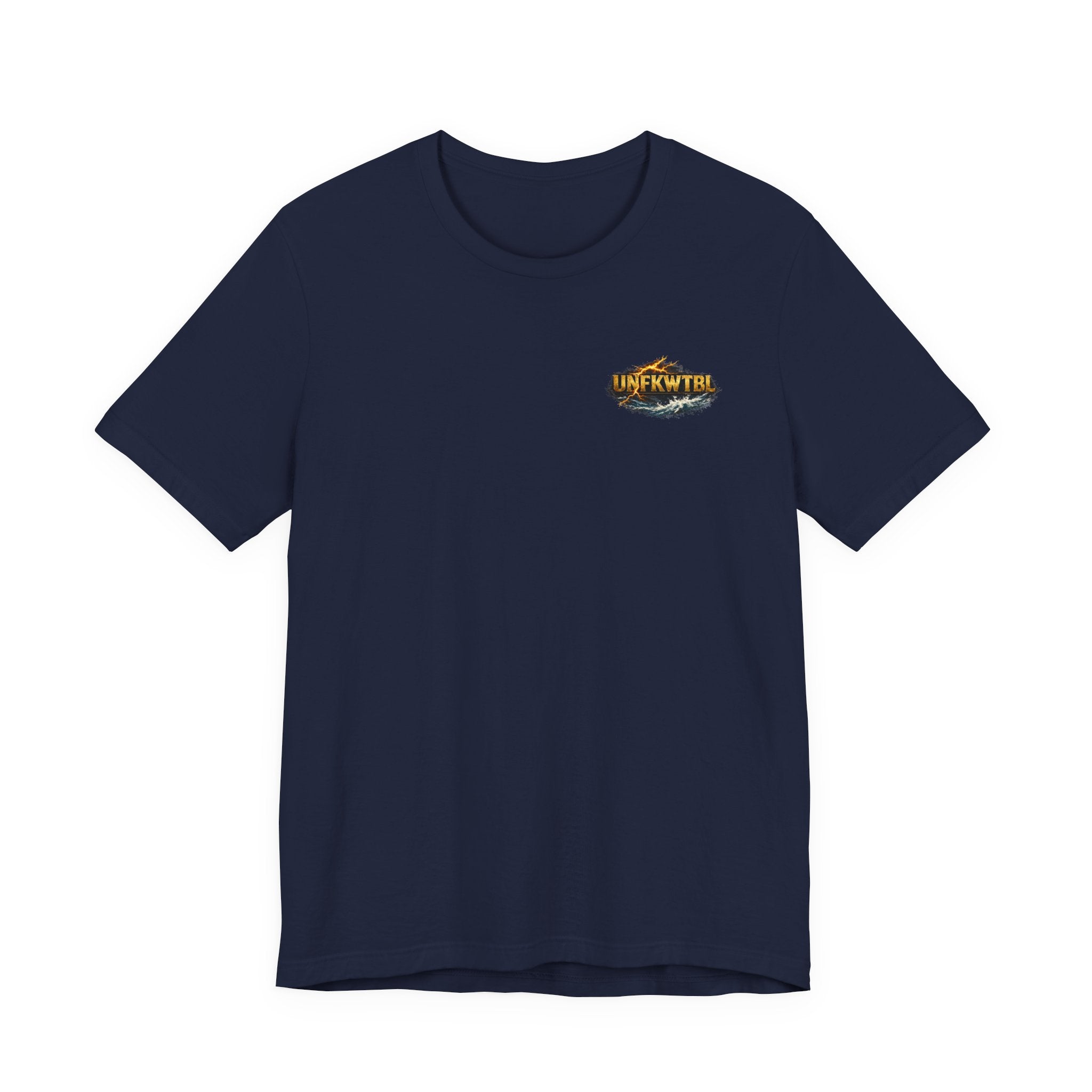 Unfkwtbl Storms Won’t Break Me Graphic Tee — Muscular Warrior Lightning & Ocean Back Print