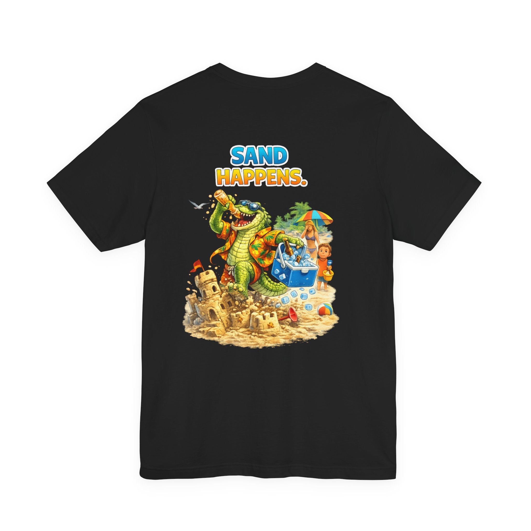 Sand Happens T-Shirt — Playful Alligator Beach Tee