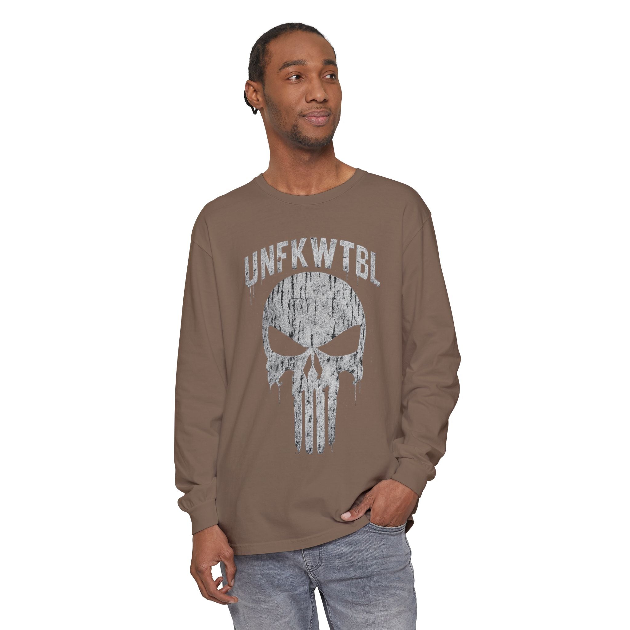 Punisher Skull Long Sleeve Tee — 'UNFKWTBL' Distressed Graphic