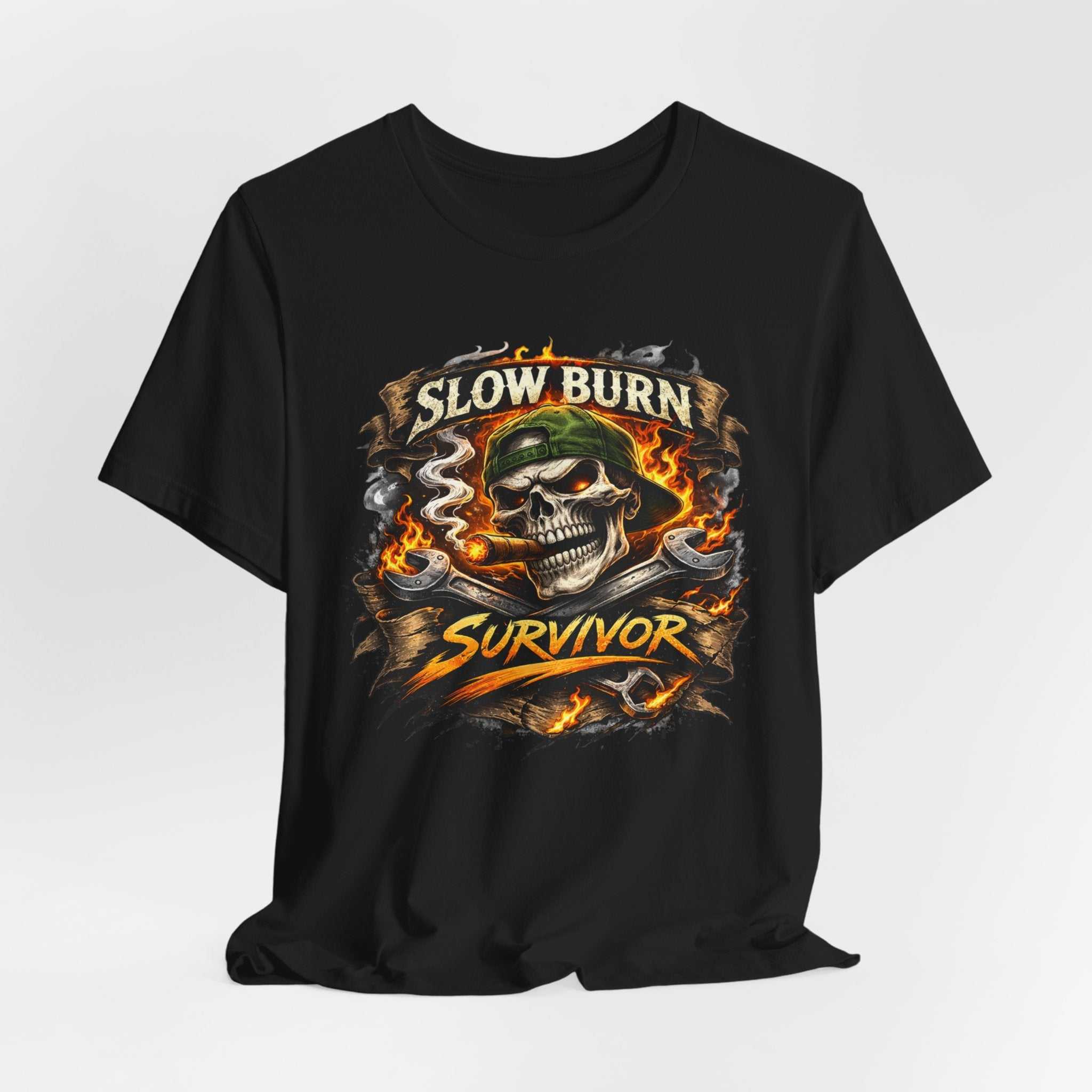 Slow Burn Survivor T‑Shirt — Skull Flame Vintage Motorcycle Tee