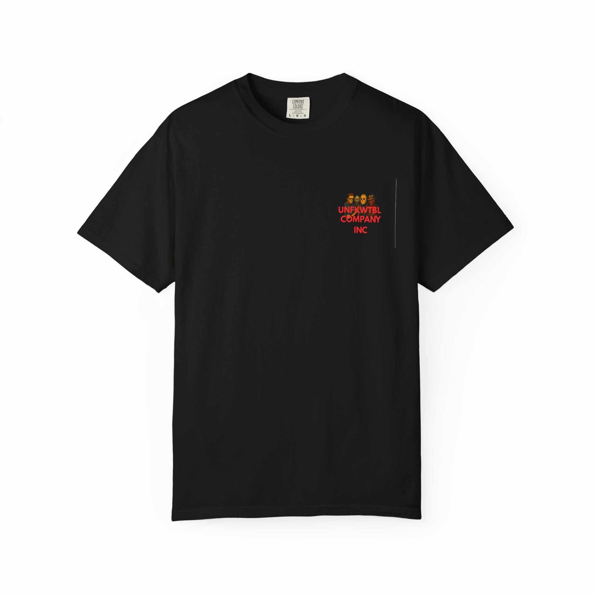 Black unisex T-shirt with small red Horror Movie Legends logo featuring Jason, Michael, Freddy, and Pinhead design