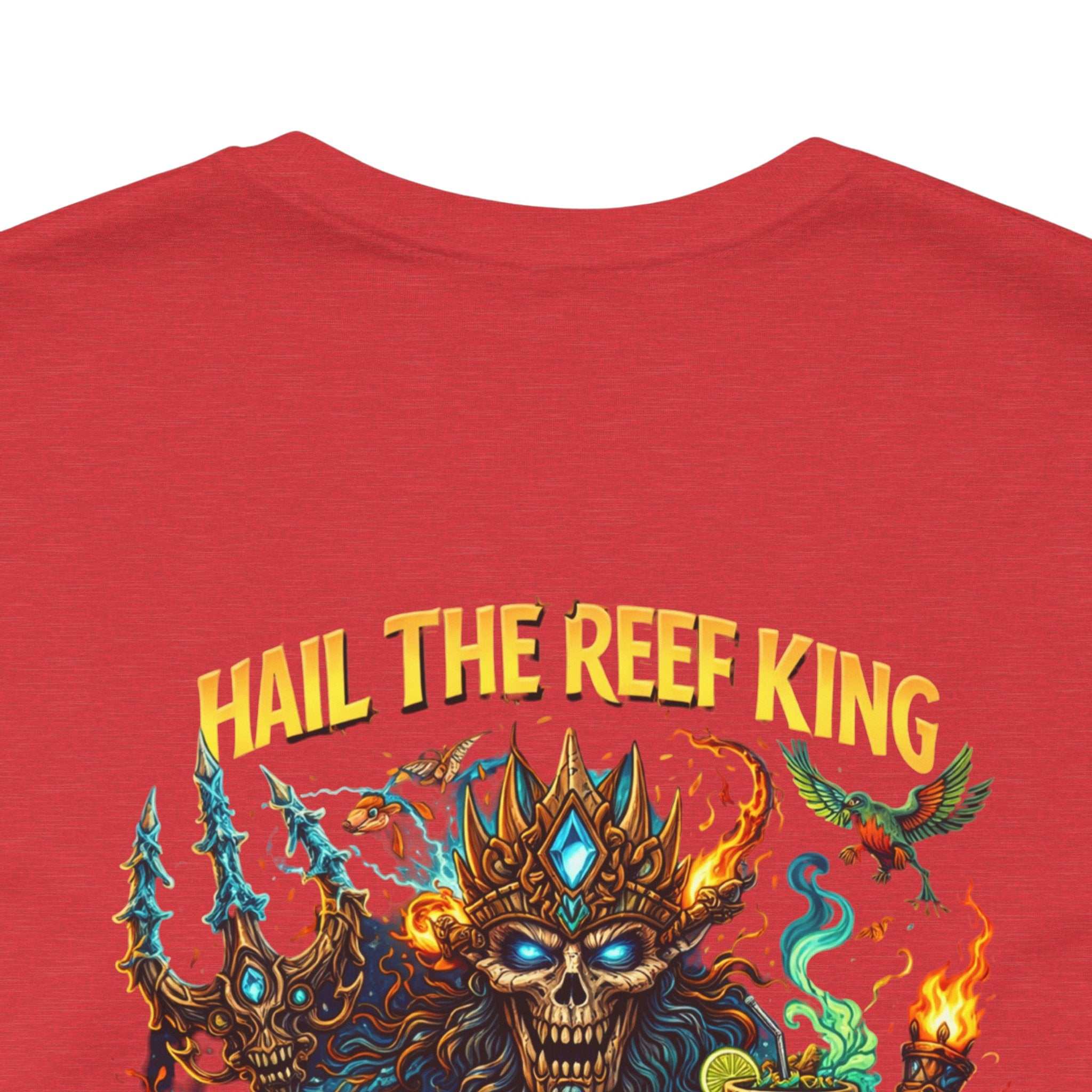 Hail the Reef King fantasy sea king graphic t-shirt with coral reef illustration and trident design