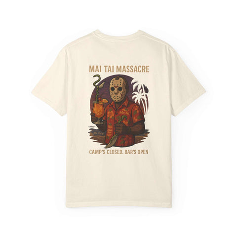 Mai Tai Massacre Jason Voorhees Graphic Tee, Vintage Summer T-shirt, Unisex Beach Shirt, Retro Campfire Apparel, Fun Gift for Outdoor Lovers