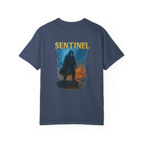 Unisex navy Sentinel how it began T-shirt with vintage badge design, garment-dyed cotton, casual street style tee