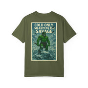 Olive green Savage Spirit Graphic T-Shirt with vintage style fierce monster print and "Cold Only Sharpens the Savage" text, unisex casual wear.