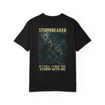 Epic Stormbearer unisex black graphic t-shirt featuring fantasy warrior and dragon design with quote, casual gamer tee for Comic Con.