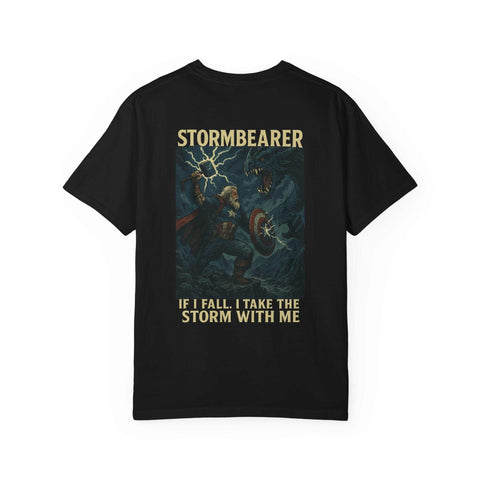 Epic Stormbearer unisex black graphic t-shirt featuring fantasy warrior and dragon design with quote, casual gamer tee for Comic Con.