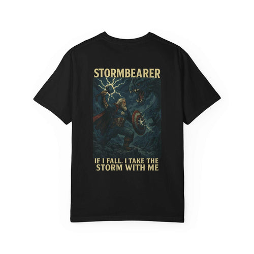 Epic Stormbearer unisex black graphic t-shirt featuring fantasy warrior and dragon design with quote, casual gamer tee for Comic Con.