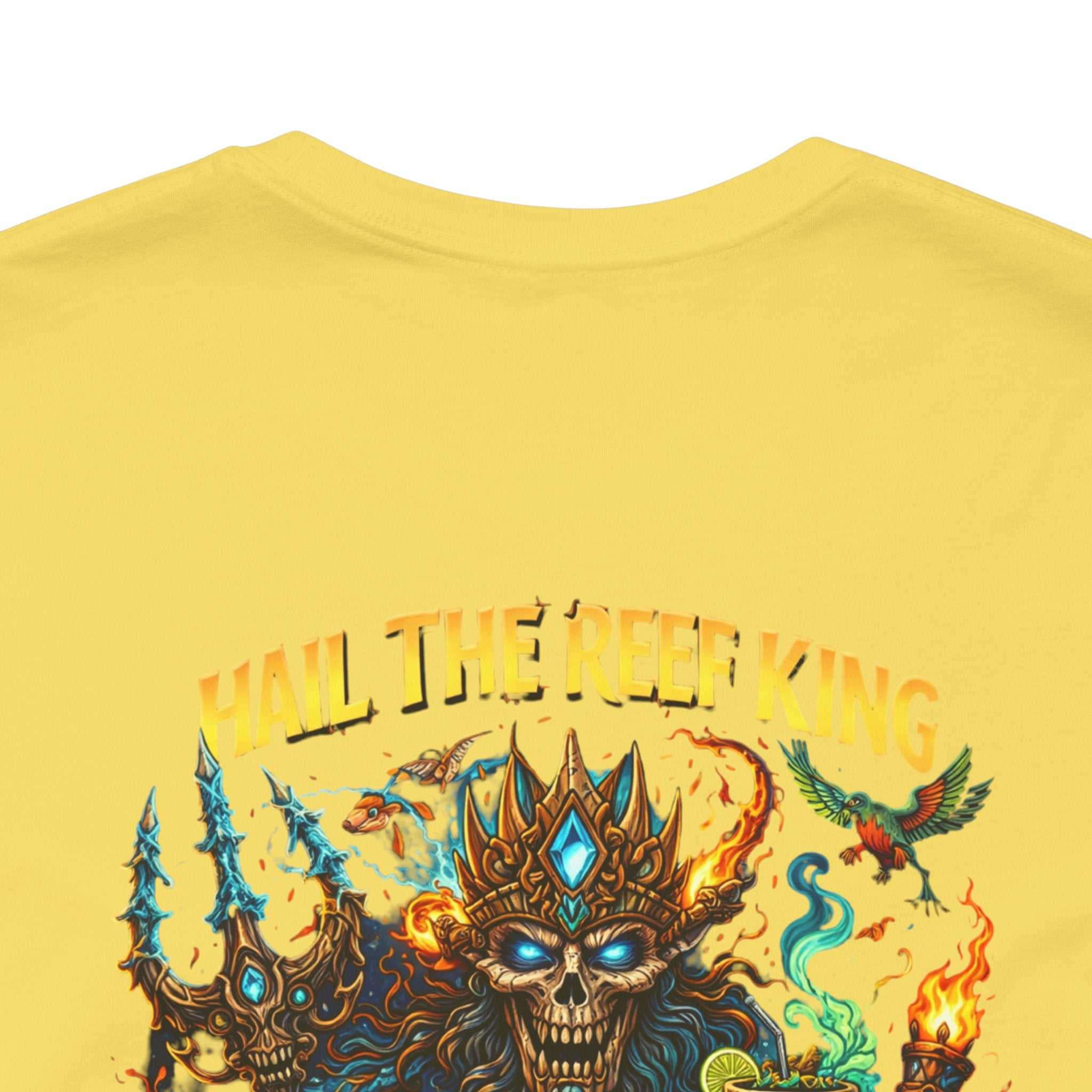 Hail the Reef King graphic tee featuring coral reef, trident, and oceanic myth design on soft cotton shirt