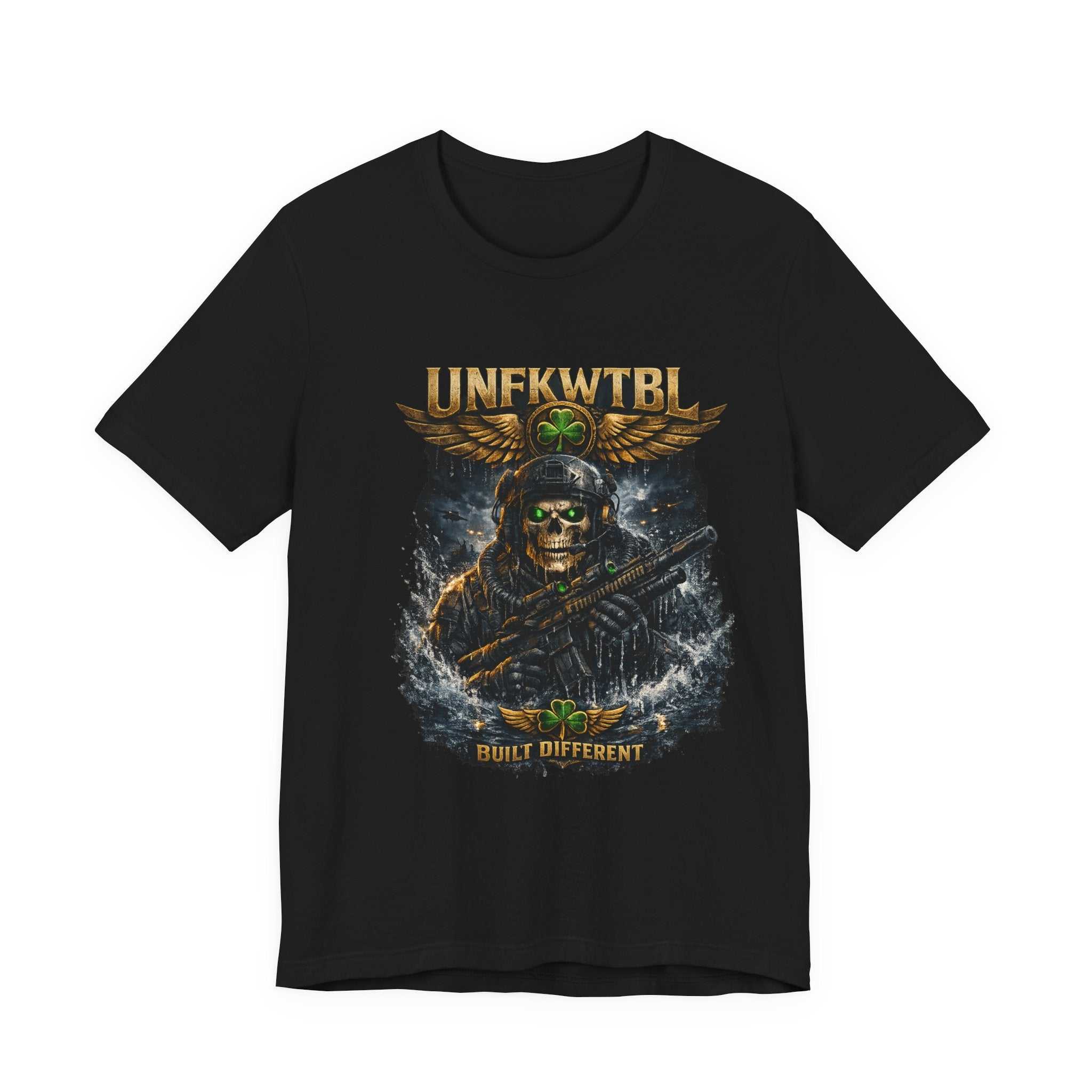 Skull Soldier Graphic Tee with military skull, wings, and stormy textures in green, gold, and charcoal on lightweight cotton