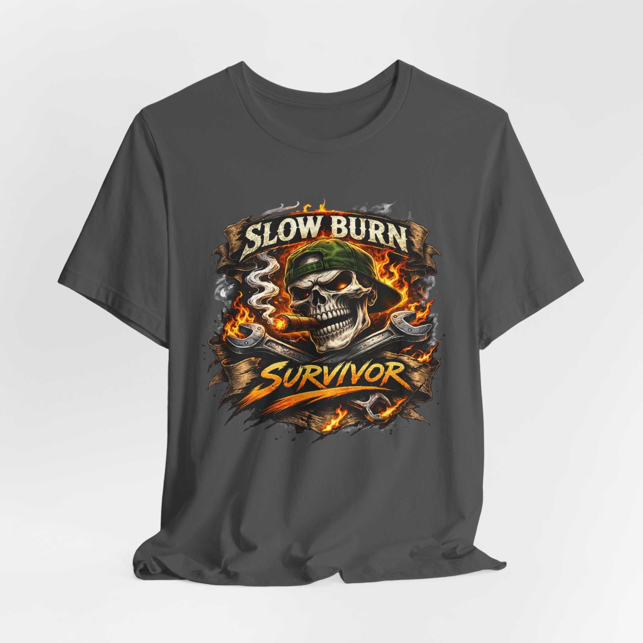 Slow Burn Survivor T‑Shirt — Skull Flame Vintage Motorcycle Tee