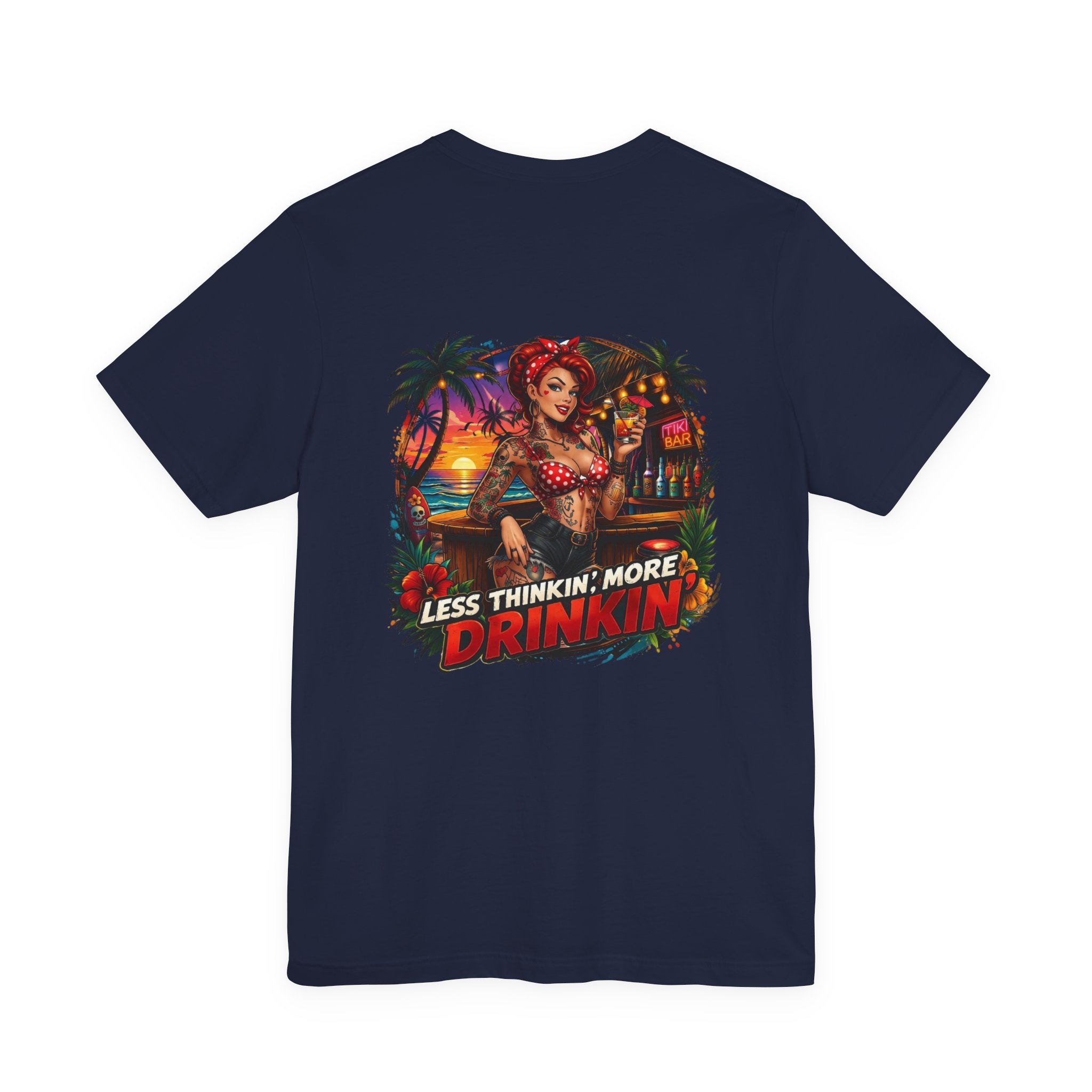 Beach Pinup T‑Shirt — "Less Thinkin', More Drinkin'" Retro Tropical Tee