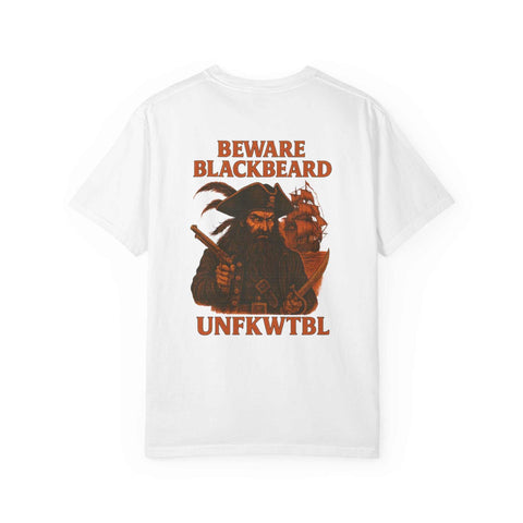 White T-shirt featuring a bold Blackbeard the Pirate graphic with a pirate ship and warning text on the back