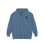 blue unisex garment-dyed hoodie with skull design and front pocket