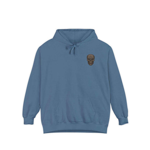 blue unisex garment-dyed hoodie with skull design and front pocket