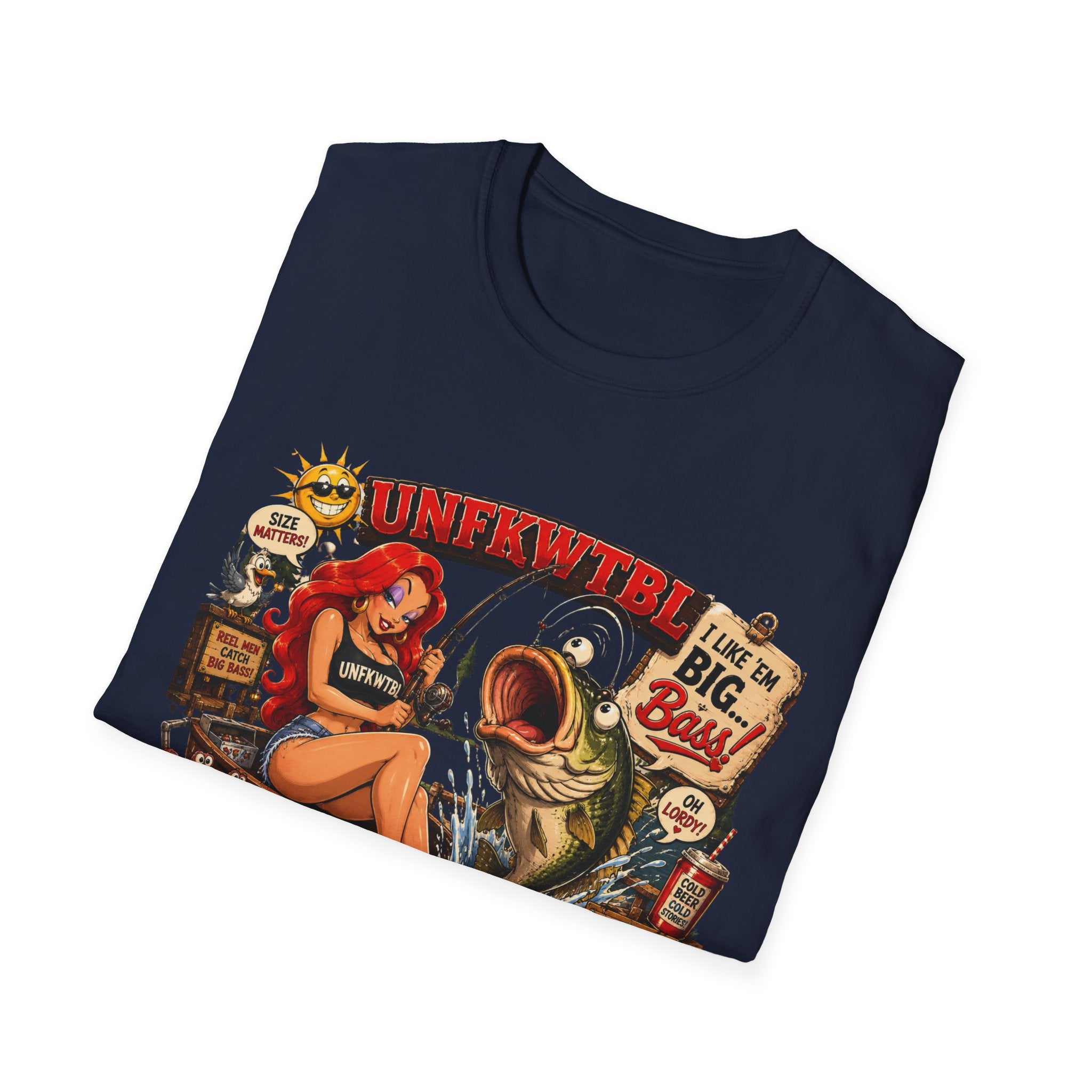 Fishing Pin-Up T-Shirt — "I Like 'Em Big, Baby" Retro Bass Graphic