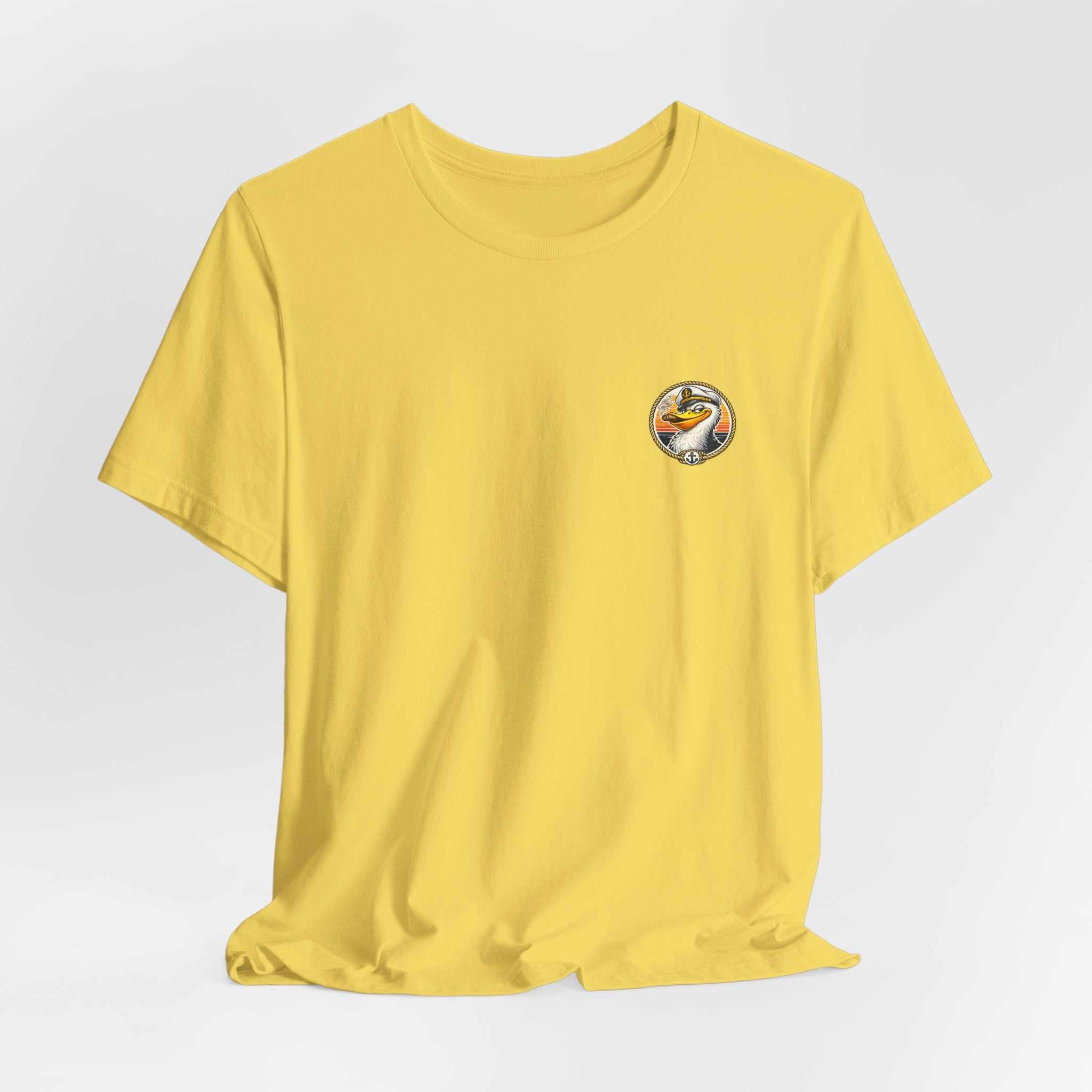 T-Shirt — Retro Pelican on Inflatable Tube Graphic Tee (Beach Vacation, Tropical Sunset)