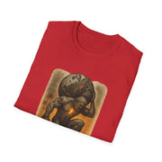 Red unisex t-shirt with powerful Atlas carrying globe design, classic fit, 100% cotton, durable and comfortable