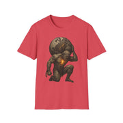 Red Atlas Strength Unisex Softstyle T-Shirt featuring a bold graphic of a muscular figure holding a glowing cracked globe on the back.