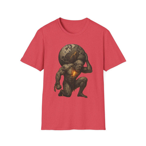 Red Atlas Strength Unisex Softstyle T-Shirt featuring a bold graphic of a muscular figure holding a glowing cracked globe on the back.