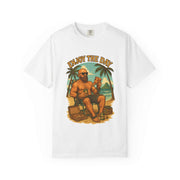 White Atlas Enjoy the Day graphic t-shirt with beach man illustration, unisex relaxed fit summer tee