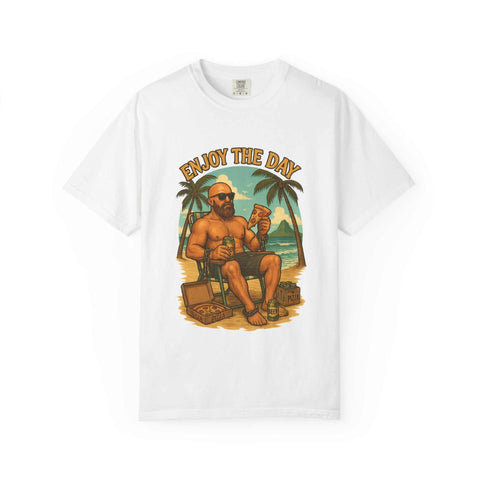 White Atlas Enjoy the Day graphic t-shirt with beach man illustration, unisex relaxed fit summer tee