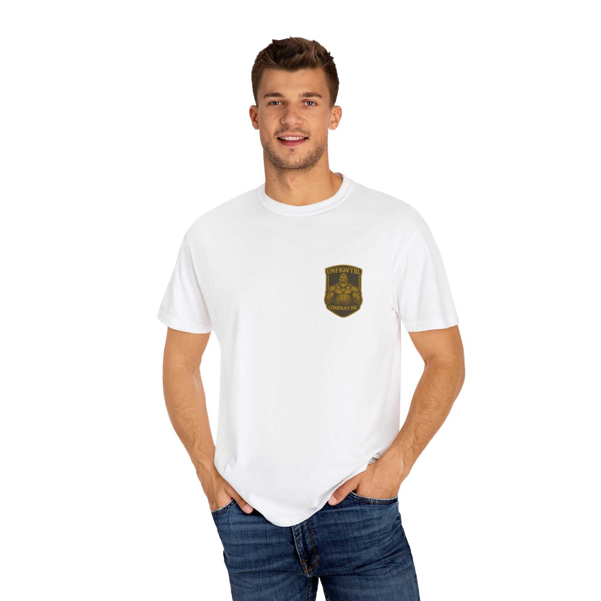 Man wearing white Death Angel Wings protector of the dead unisex tee with a small emblem on chest
