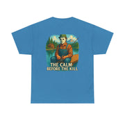 Blue unisex tee featuring Michael Myers fishing with "The Calm Before The Kill" text design
