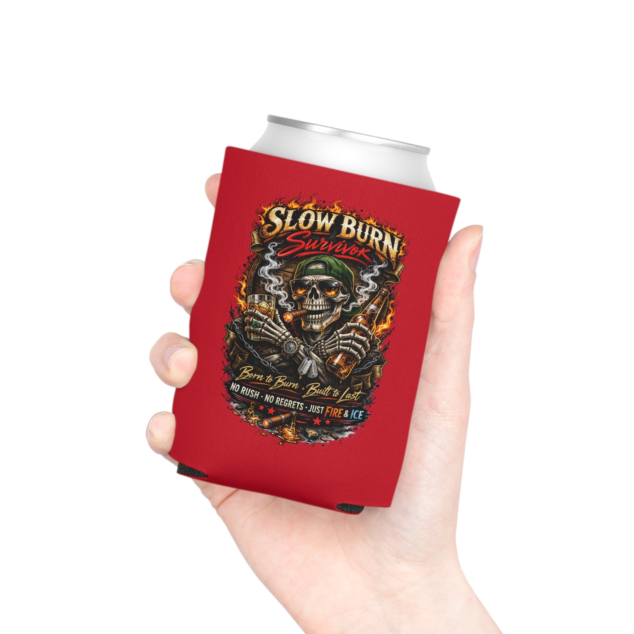 Can Cooler - "Stay Cold" Skeleton Beer Koozie (Slow Burn Survivor Vintage Skull Design)