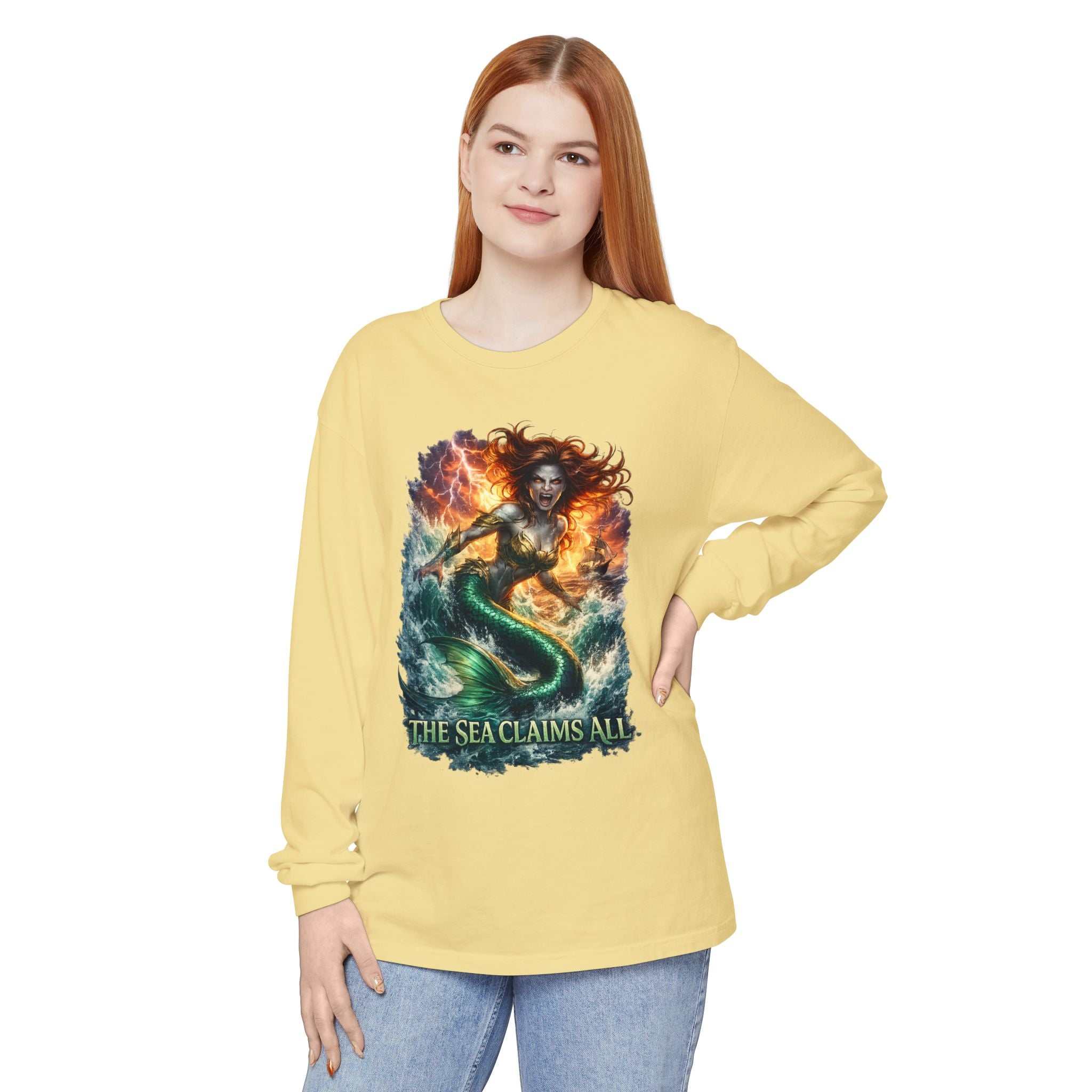 Mermaid Graphic Long Sleeve Tee — "The Sea Claims All" Nautical Fantasy Shirt