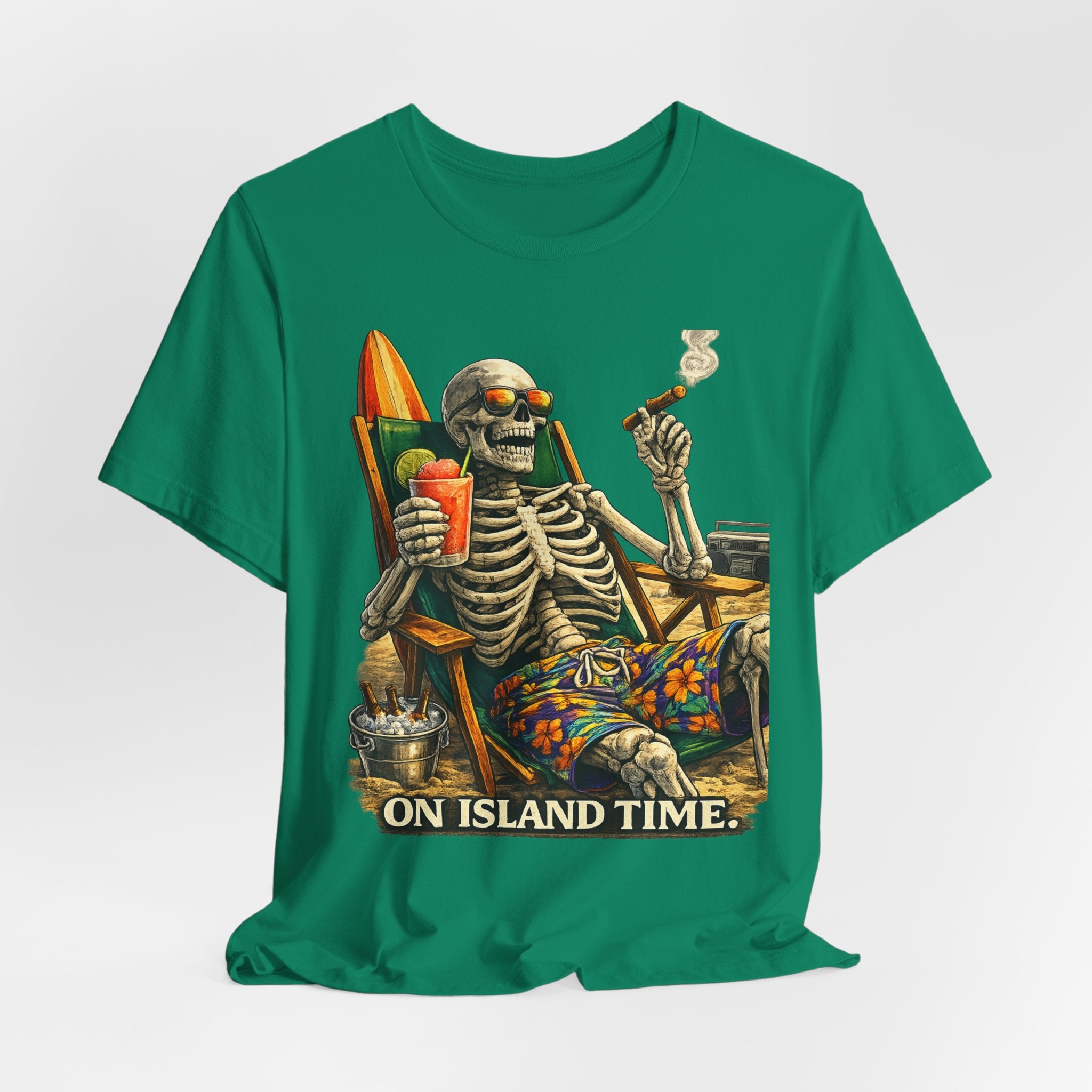 Skeleton Beach Tee — "On Island Time" Tropical Skull Vacation T-Shirt