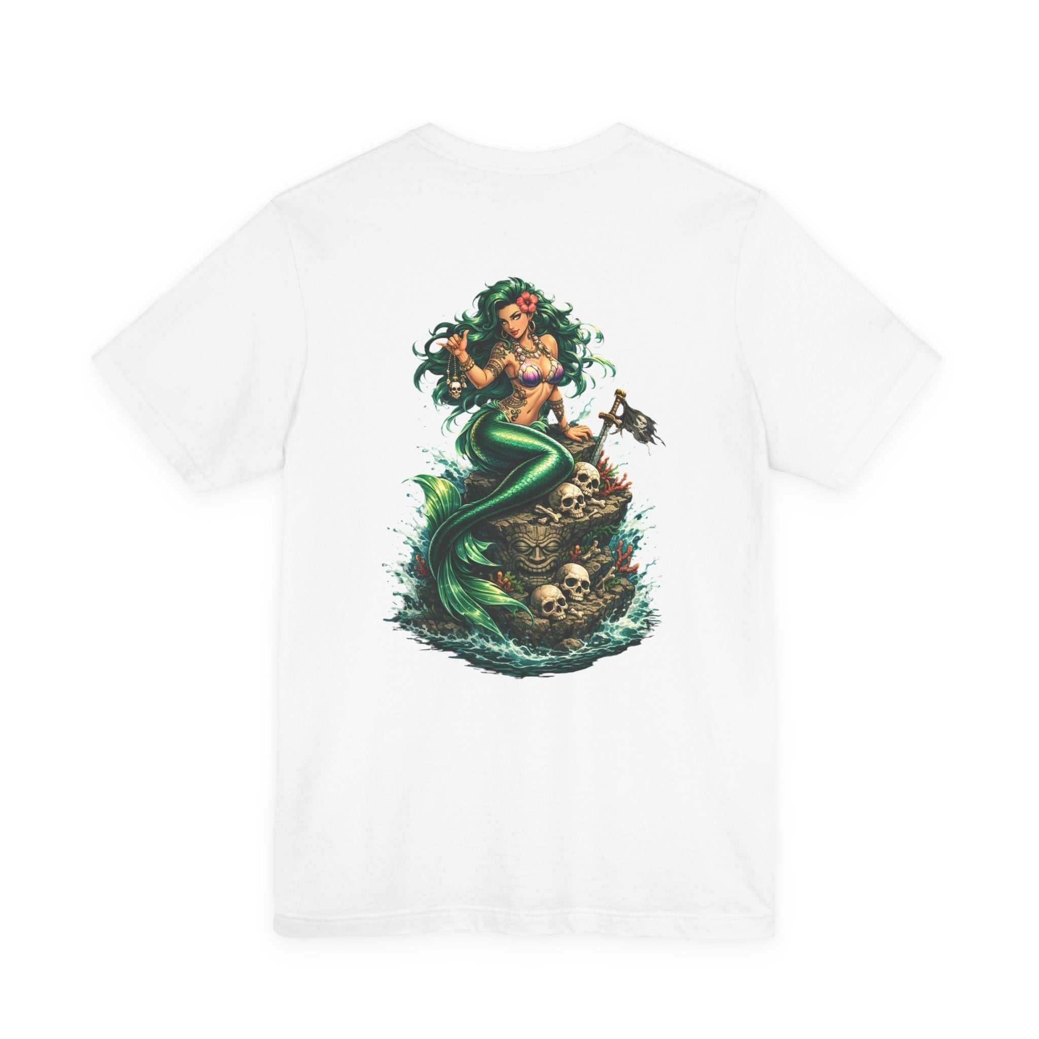 Vintage green Mermaid Skull Art Tee featuring a detailed mermaid skull graphic on a soft cotton t-shirt