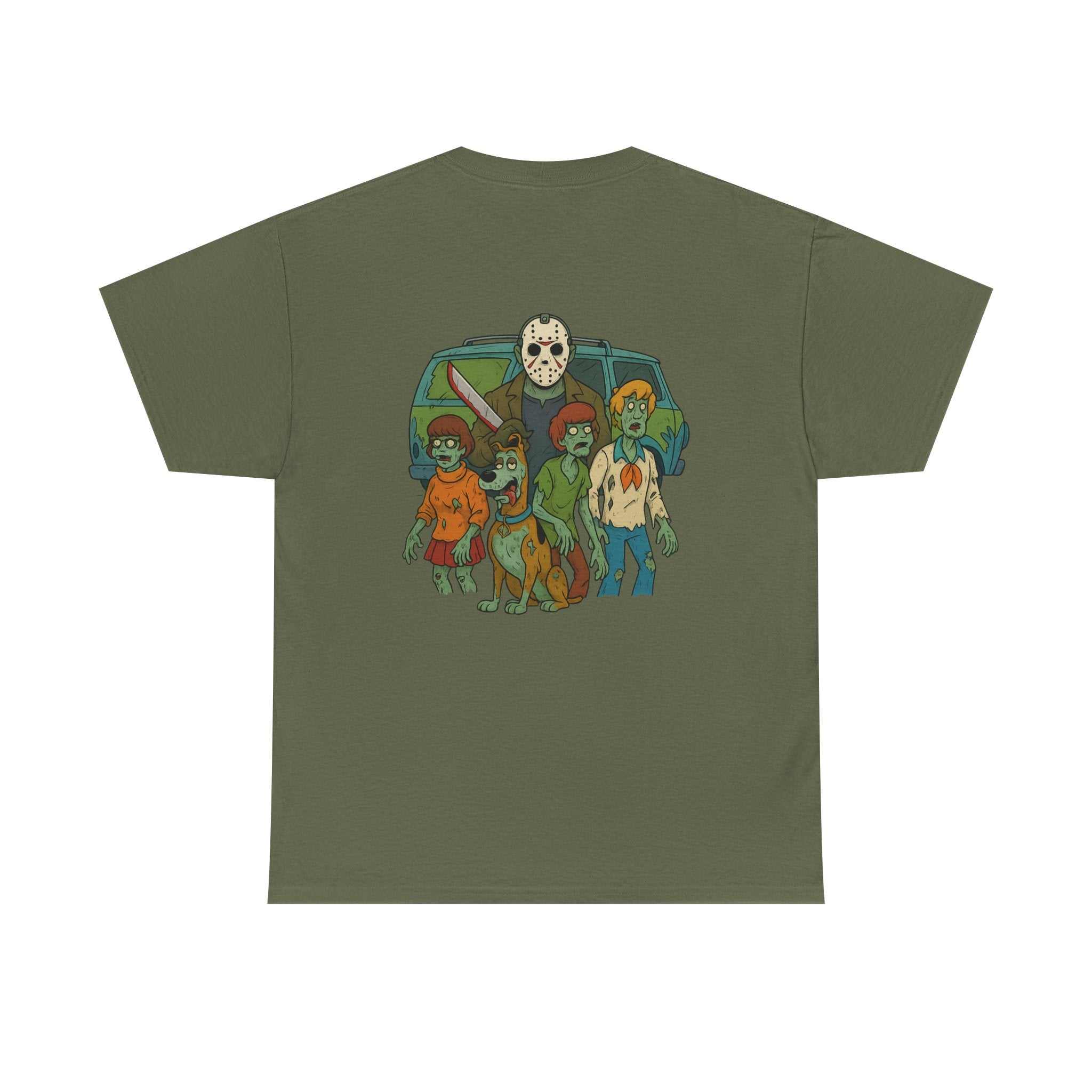 Jason Voorhees hanging with Mystery Crew graphic on black cotton T-shirt
