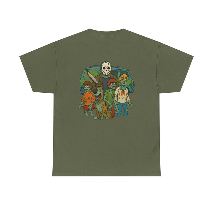T-Shirt with Jason Voorhees Hanging with Mystery Crew Design
