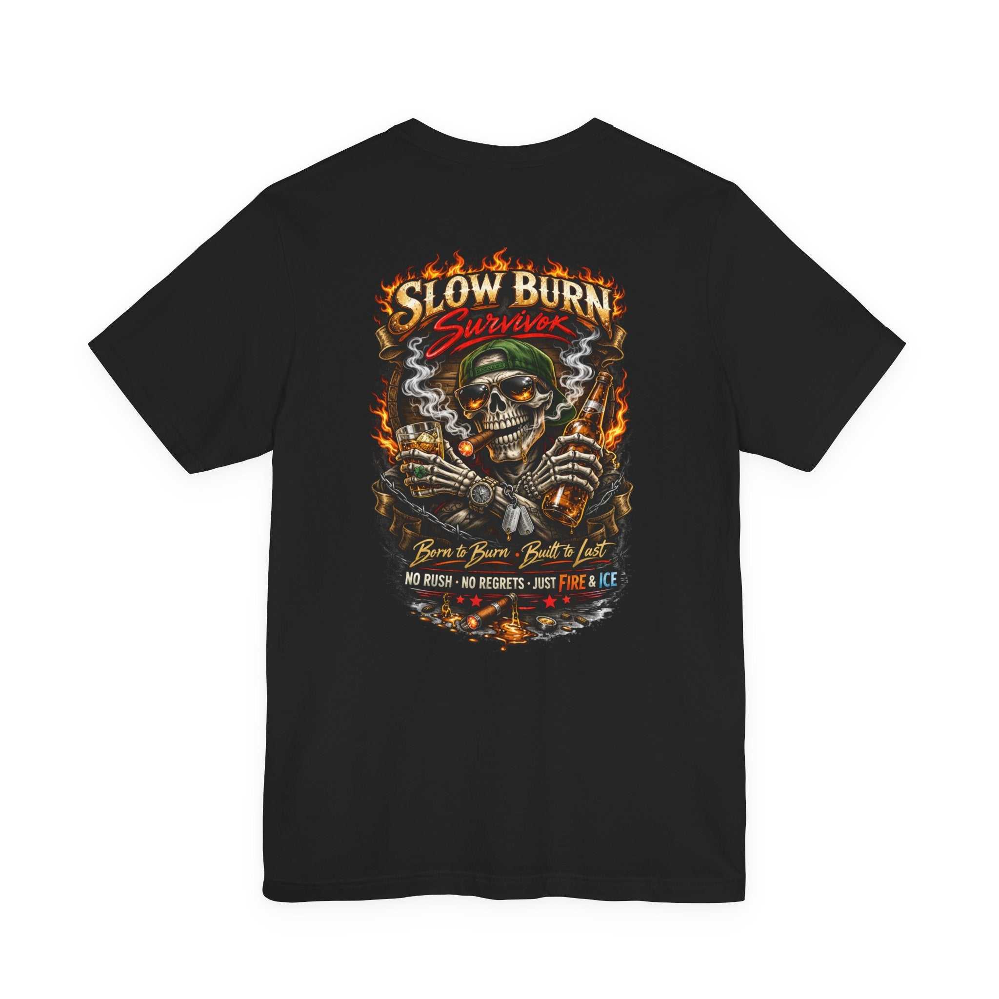 Slow Burn Survivor T-Shirt — Vintage Skull Motorcycle Flame Tee